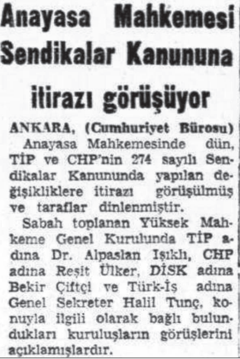 Anayasa Mahkemesi Sendikalar Kanununa itirazı görüşüyor kupürü.